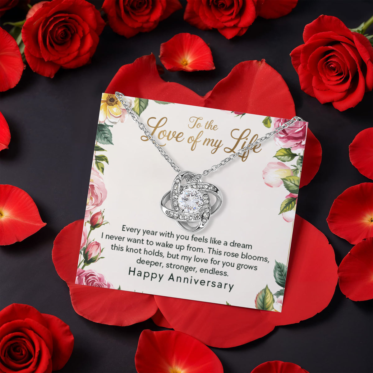 Happy Anniversary Love Knot Necklace in Rose Gift Box- Wife