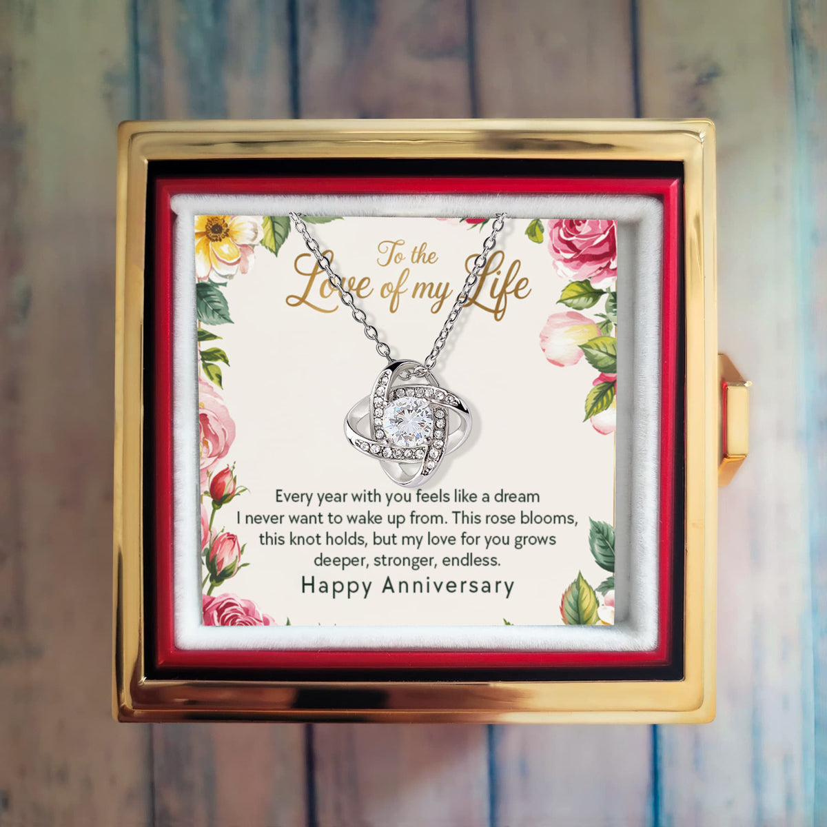 Happy Anniversary Love Knot Necklace in Rose Gift Box- Wife