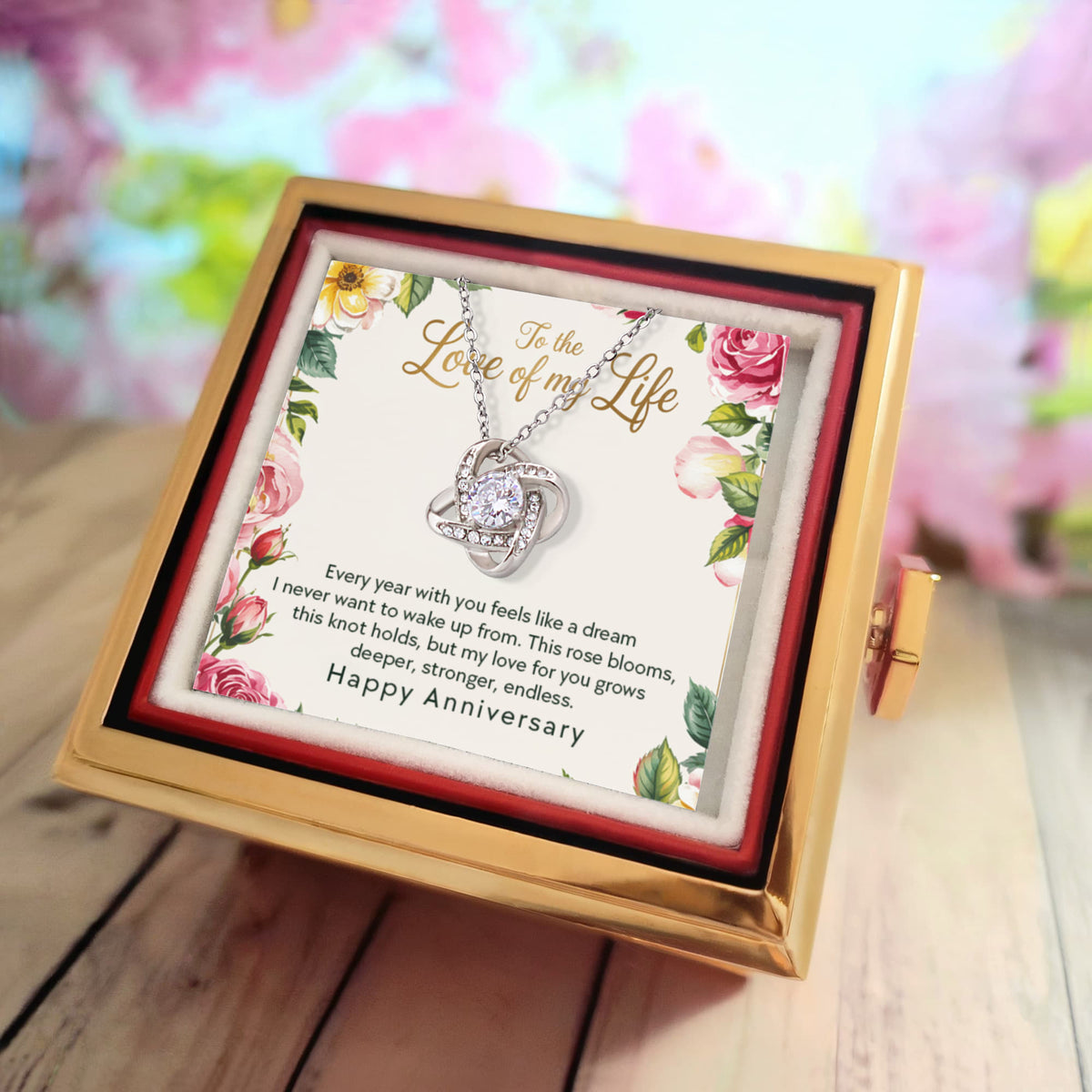 Happy Anniversary Love Knot Necklace in Rose Gift Box- Wife