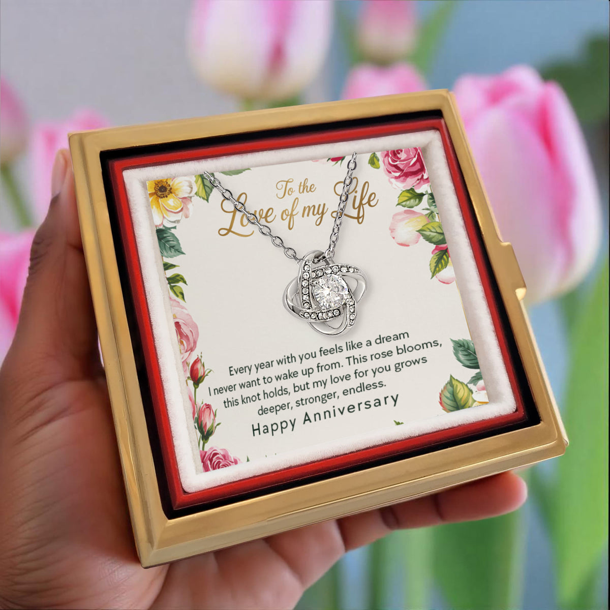 Happy Anniversary Love Knot Necklace in Rose Gift Box- Wife